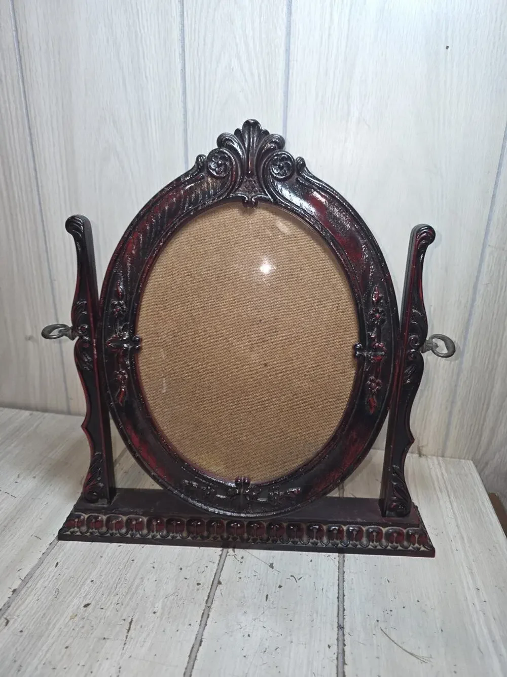 Vtg Ornate Victorian Style Oval Faux Wood Freestanding Photo Picture Frame Brown